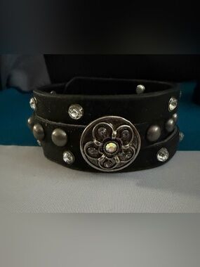Black Studded Leather Wrap Bracelet with Floral Concho